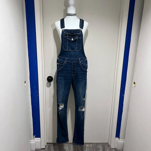 American Eagle Outfitters Denim - Dark wash blue denim overalls with distressed details and adjustable straps - S